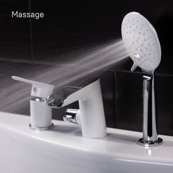 Смеситель на борт ванны на 3 отверстия с керамическим дивертором, каскадный излив, IDDIS Cloud CLOSB3Ki07, белый